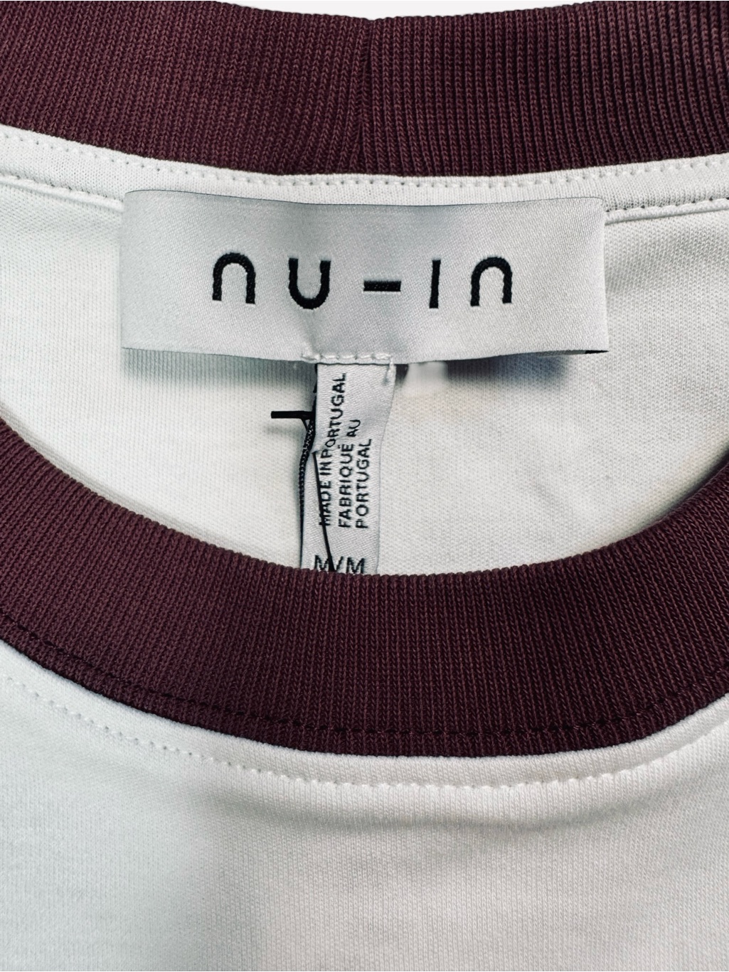 New Nu-In White Short Sleeve Tee With Brown Collar Made In Portugal Size M — image 4 of 8